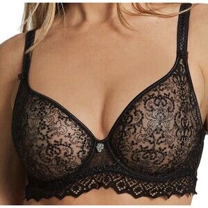 Empreinte Cassiopee Bra 30G Black Sheer Lace Embroidered Tulle Full Cup‎ France
